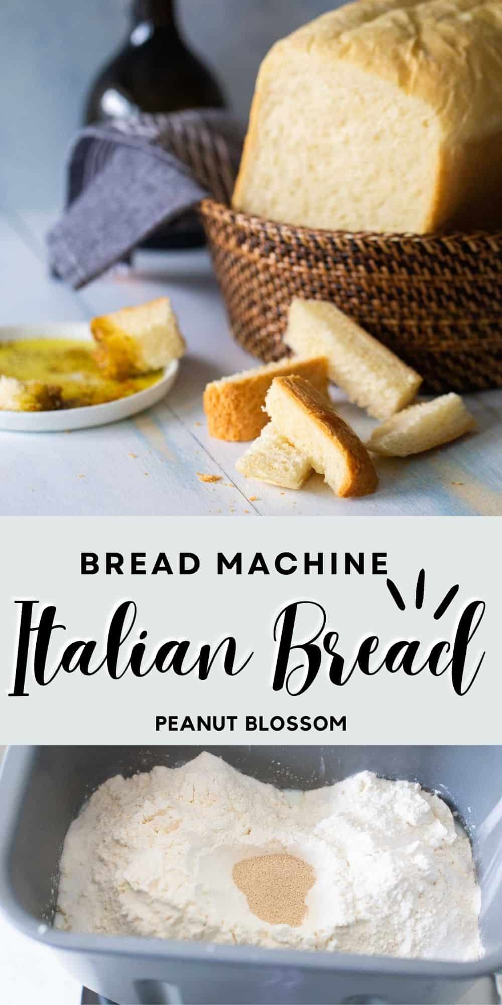 The loaf of italian bread in a bread basket on top, the flour and yeast in the bread machine pan on bottom.