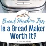 The photo collage shows a bread maker from the outside next to a ball of bread dough mixing on the inside.