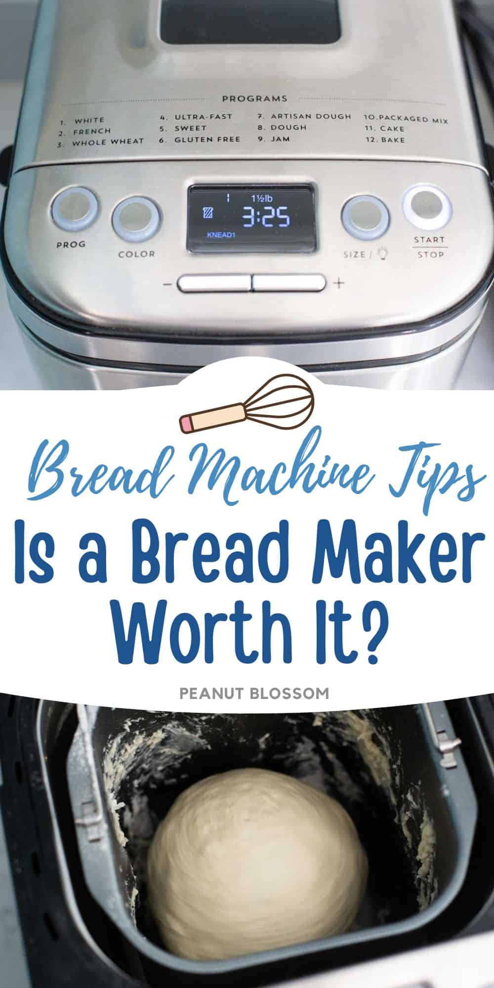 The photo collage shows a bread maker from the outside next to a ball of bread dough mixing on the inside.