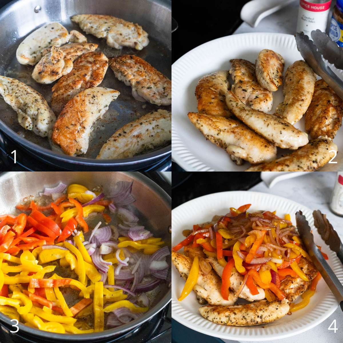 The step by step photo collage shows how to saute the chicken and vegetables separately.