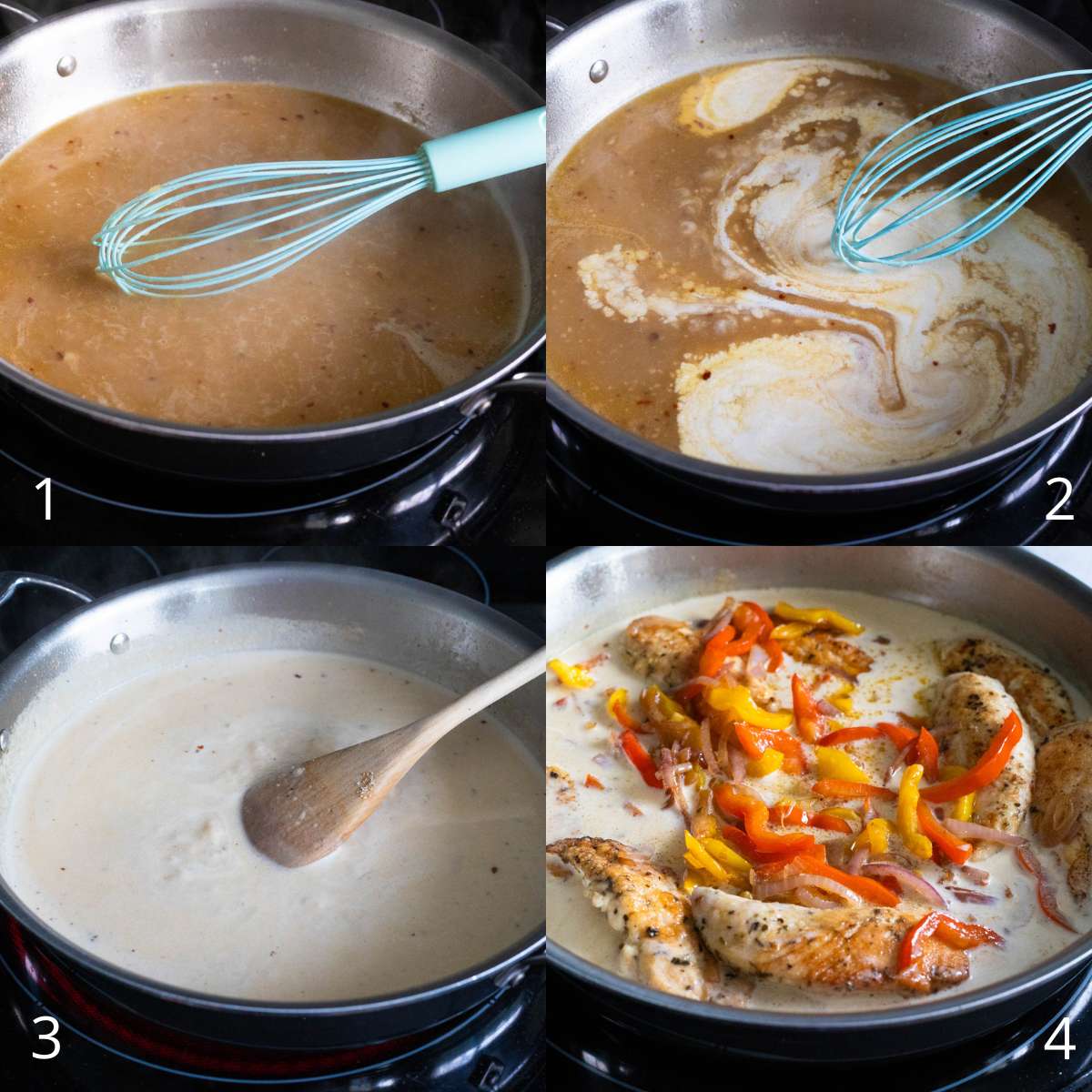 The step by step photo collage shows how to build the cream sauce in the skillet.