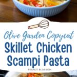 The photo collage shows the chicken in a skillet cooking next to the final assembled pasta dish.