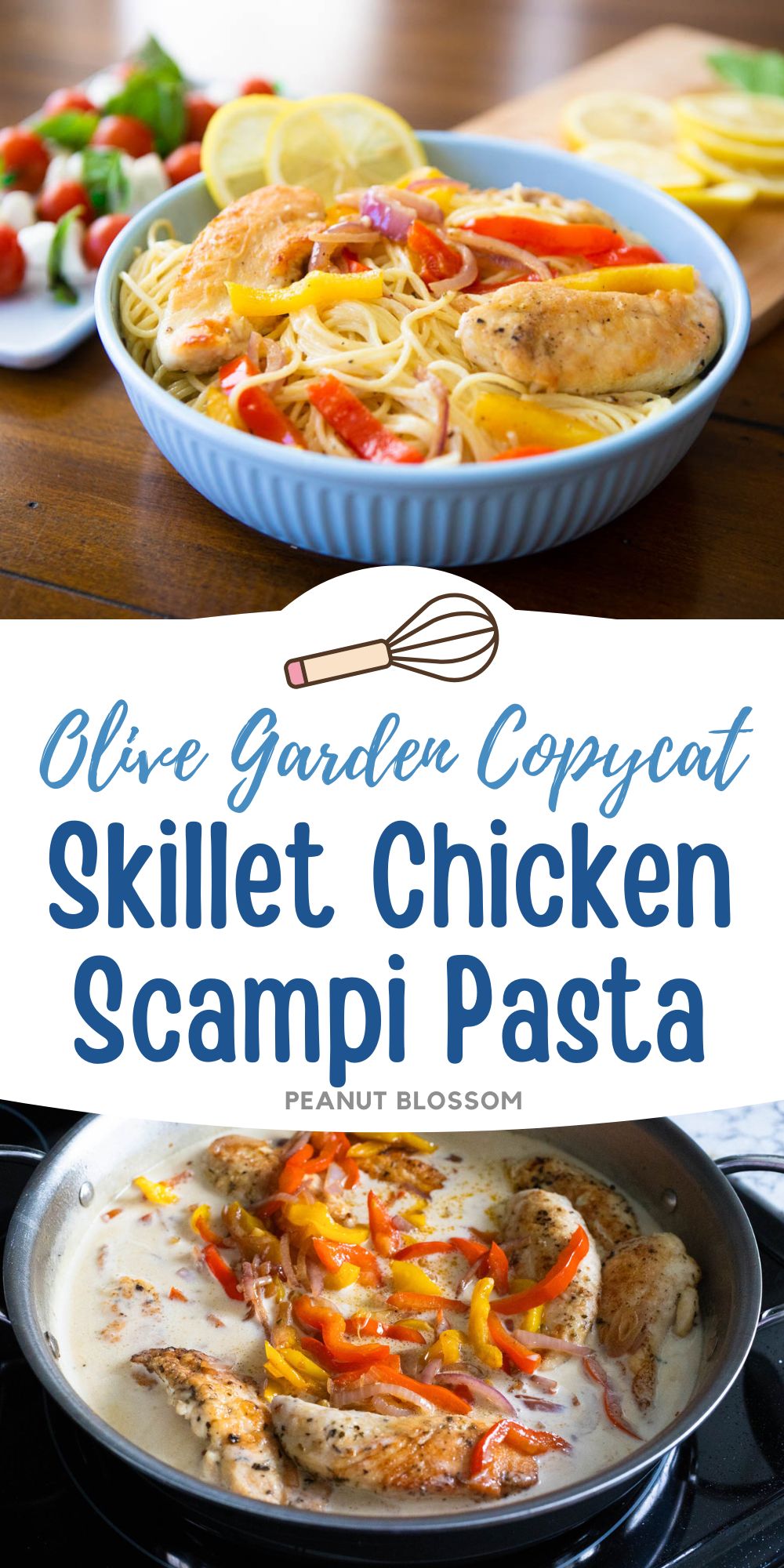The photo collage shows the chicken in a skillet cooking next to the final assembled pasta dish.