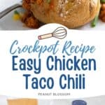 A baked potato topped with chicken chili, sour cream, and corn next to a photo of the ingredients needed to make it.