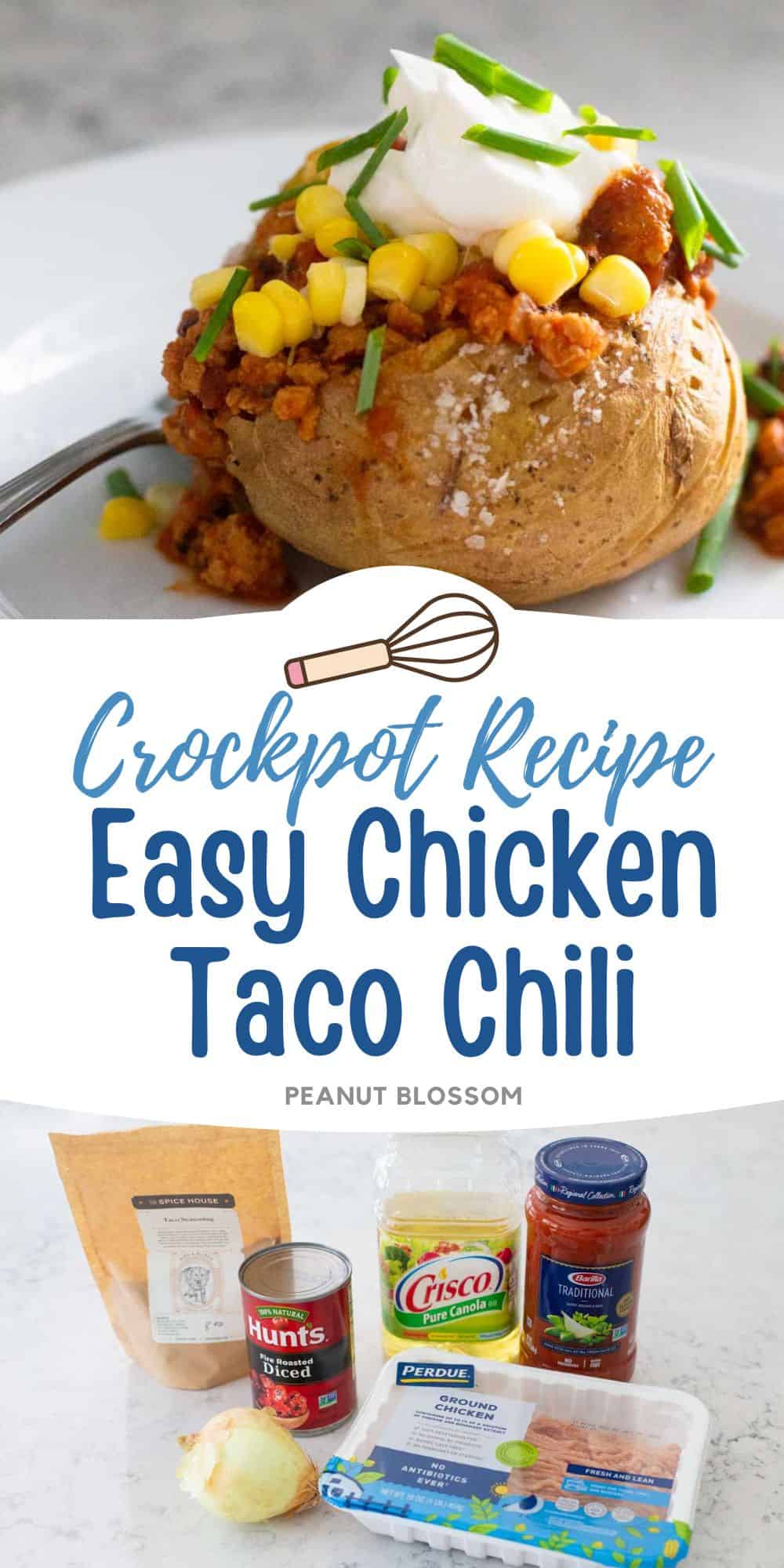 A baked potato topped with chicken chili, sour cream, and corn next to a photo of the ingredients needed to make it.