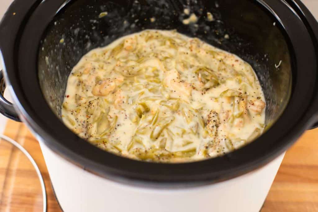 The ingredients have all been stirred together in the crockpot.