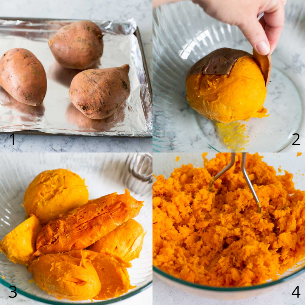 Step by step photos show how to bake and peel sweet potatoes.