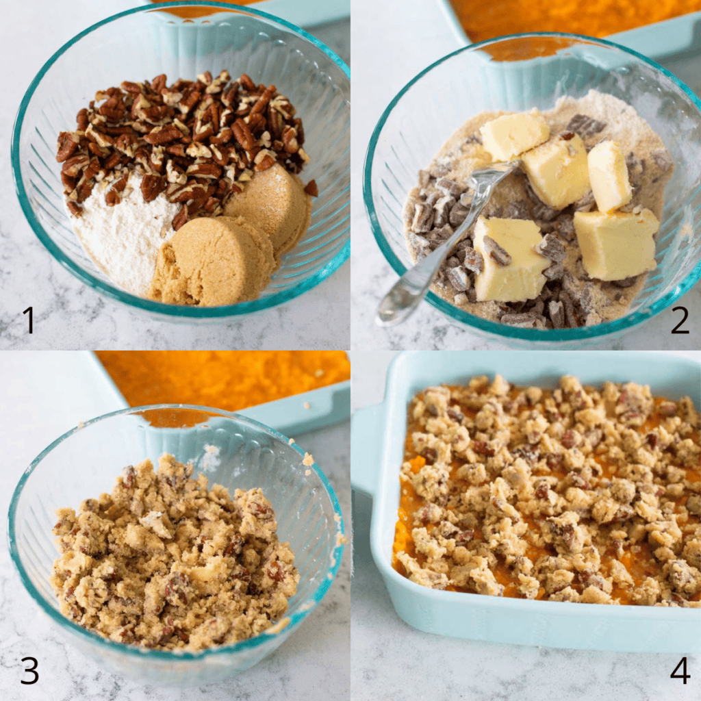 Step by step photos show how to make the pecan streusel topping for the sweet potato casserole.