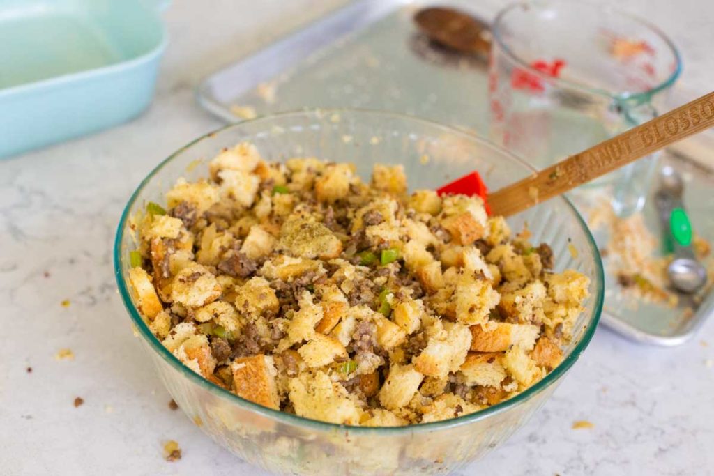 The stuffing has been mixed together in a mixing bowl