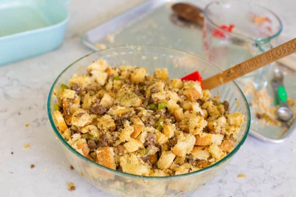 The stuffing has been mixed together in a mixing bowl