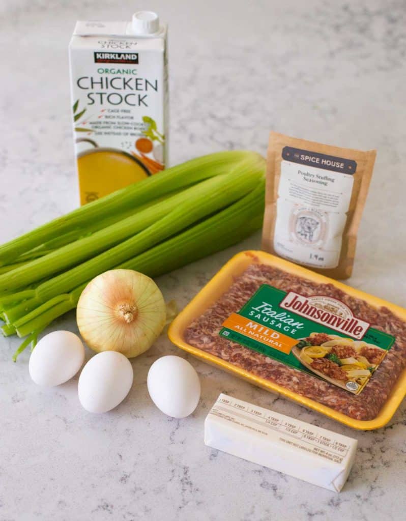 The ingredients for the sausage stuffing sit on a kitchen counter.