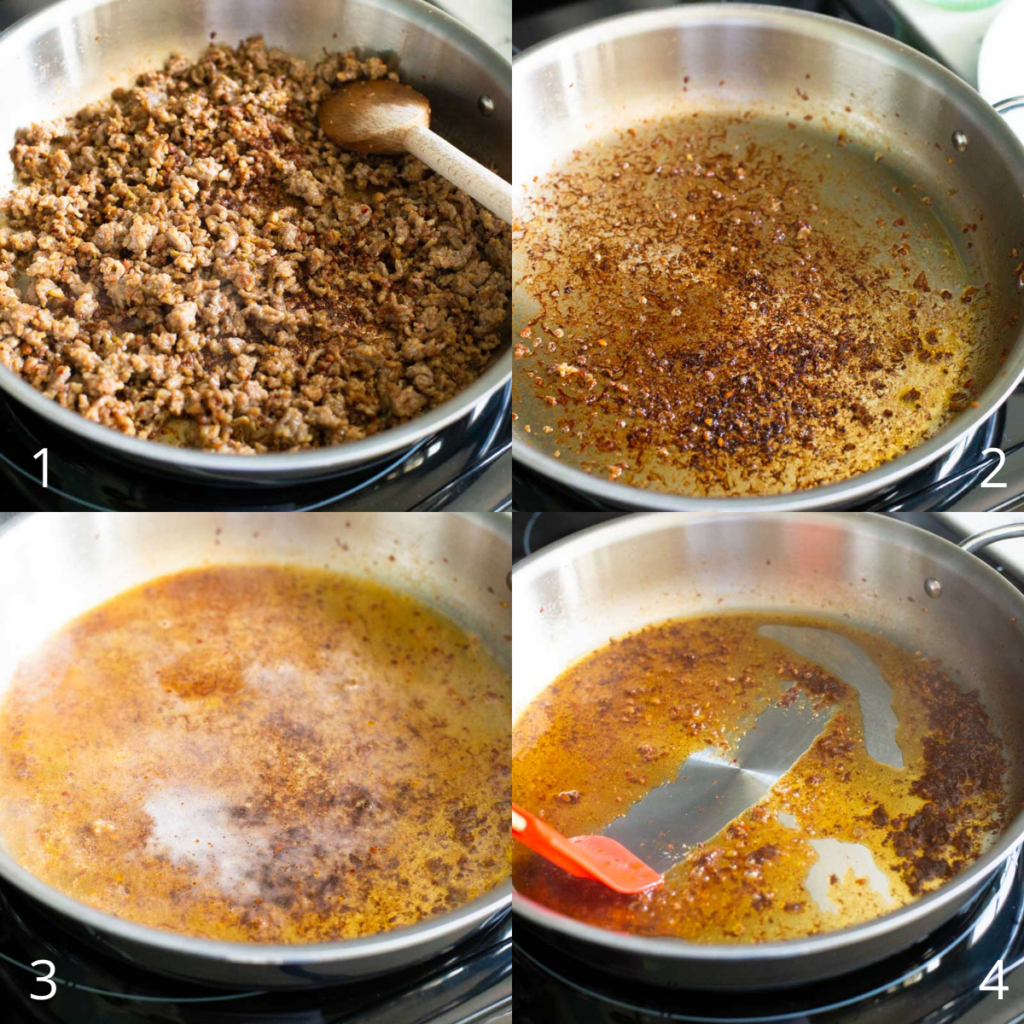 Step by step photos show how to brown the sausage and deglaze the pan with wine.