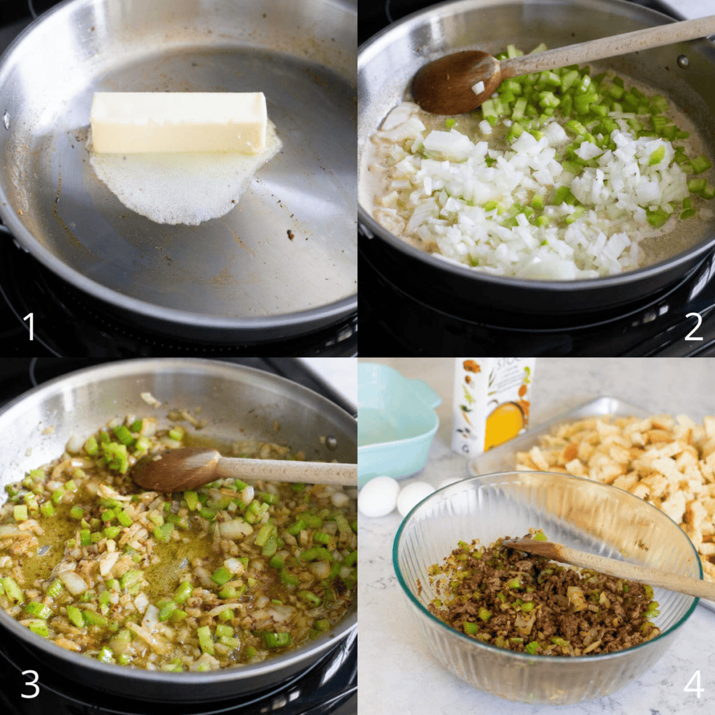 A step by step photo shows how to saute the onions for the stuffing.