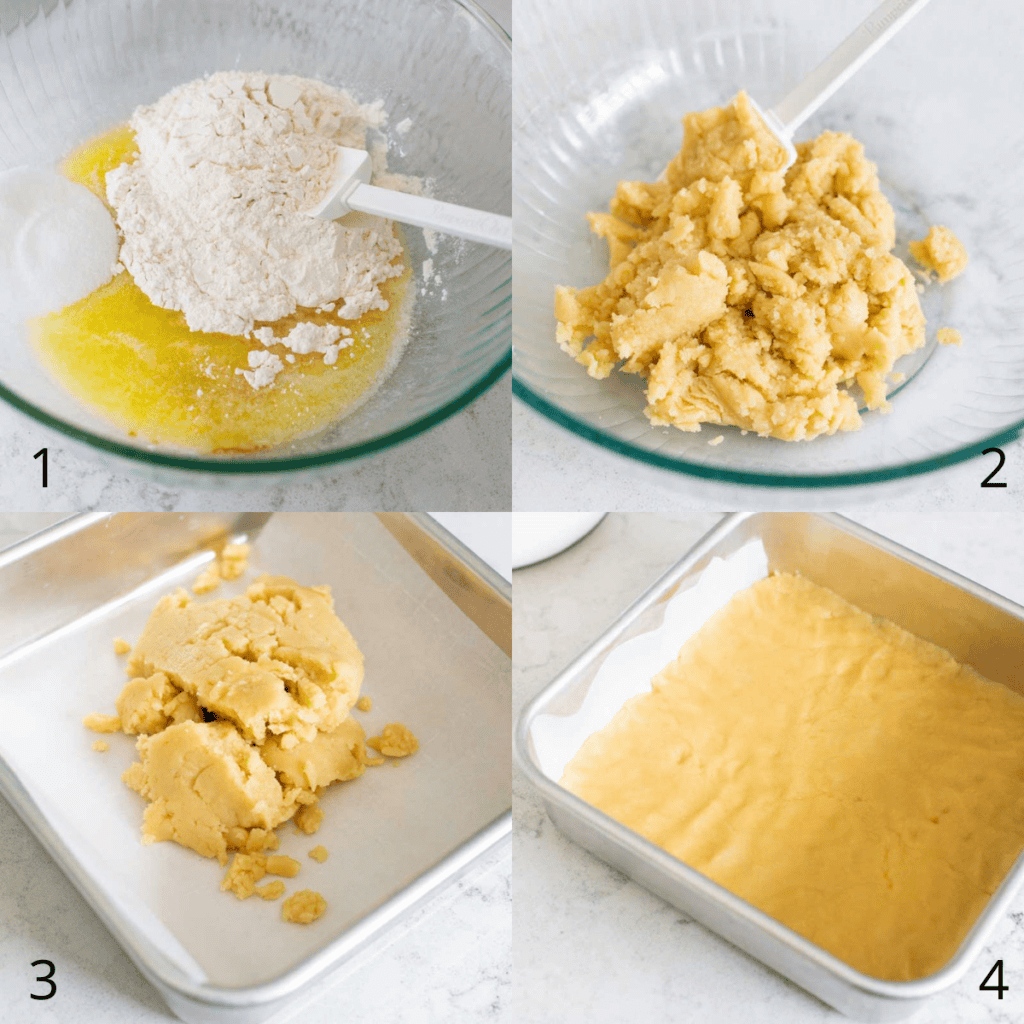 Step by step photos show how to assemble the shortbread crust.