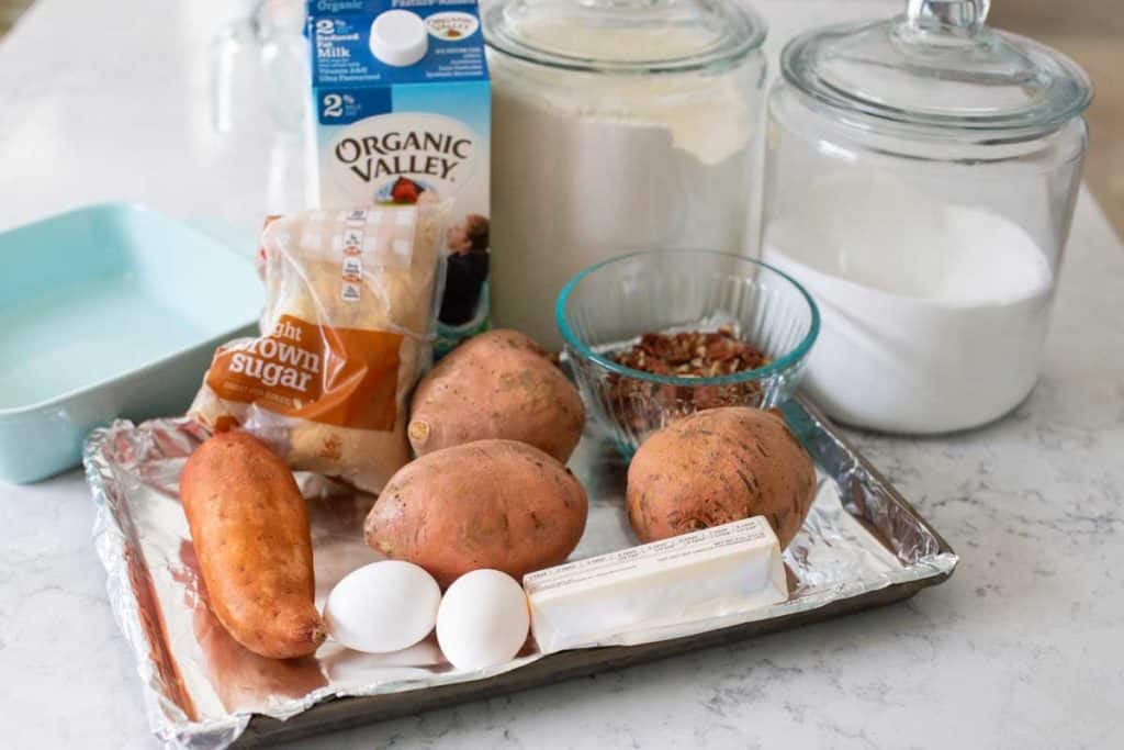 The ingredients for the sweet potato casserole are on the counter.