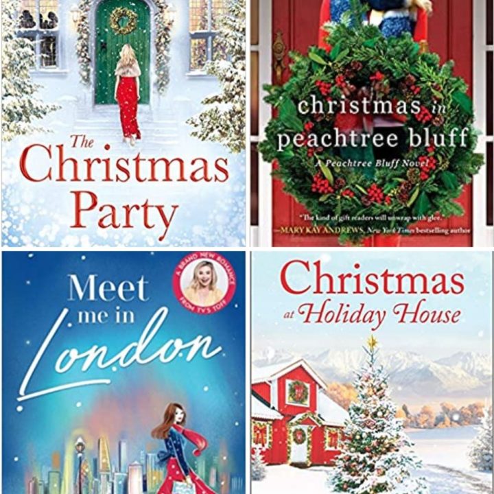 Collage of four book covers: The Christmas Party, Meet Me in London, Christmas in Peachtree Bluff, and Christmas at Holiday House.