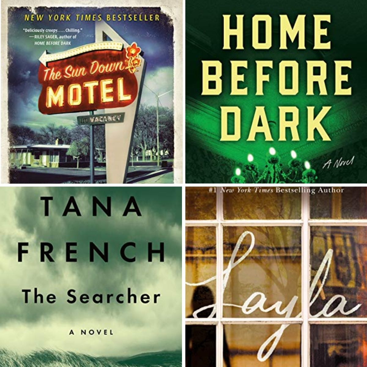 Collage of four books: The Sundown Motel, Home Before Dark, The Searcher, and The Southern Book Club's Guide to Slaying Vampires, four of the best thriller books ever.