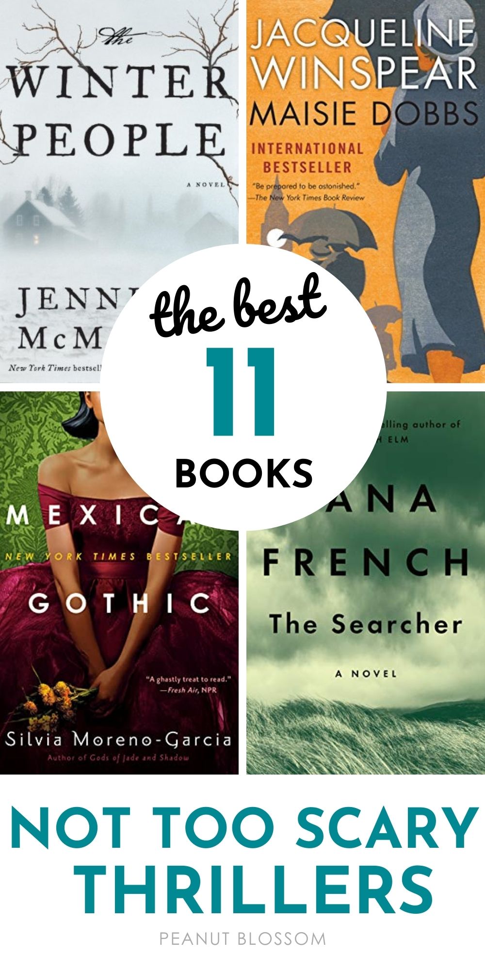 Collage of four book titles The Winter People, Maisie Dobbs, Mexican Gothic, and The Searcher with text The best 11 Books and Not too scary thrillers.