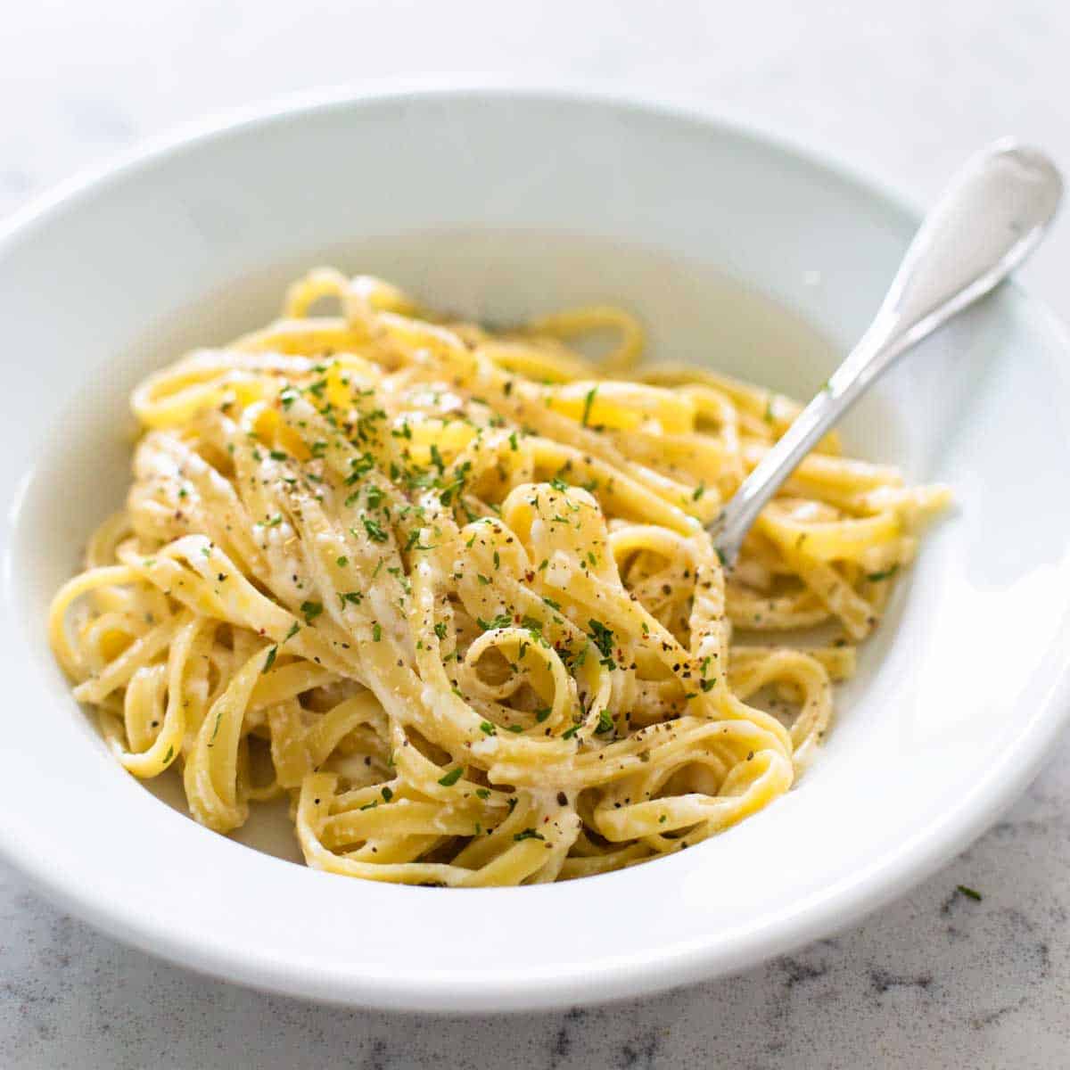 A plate of spaghetti coated in homemade alfredo sauce sprinkled with parmesan cheese.