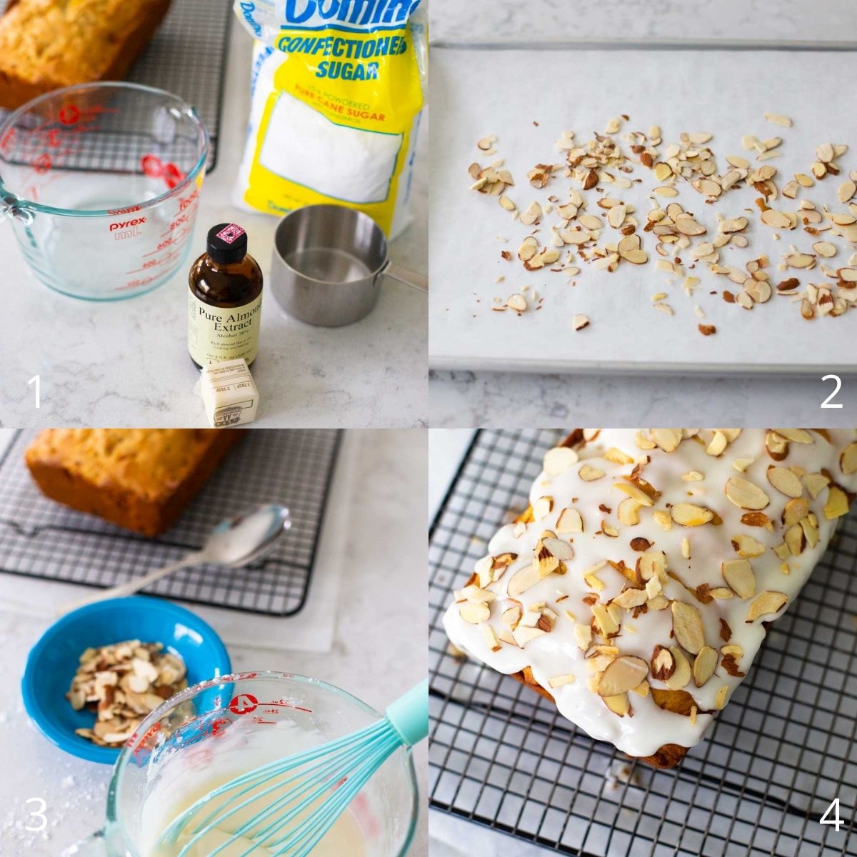 Step by step photos show how to make the almond glaze for the bread and toast the sliced almonds.