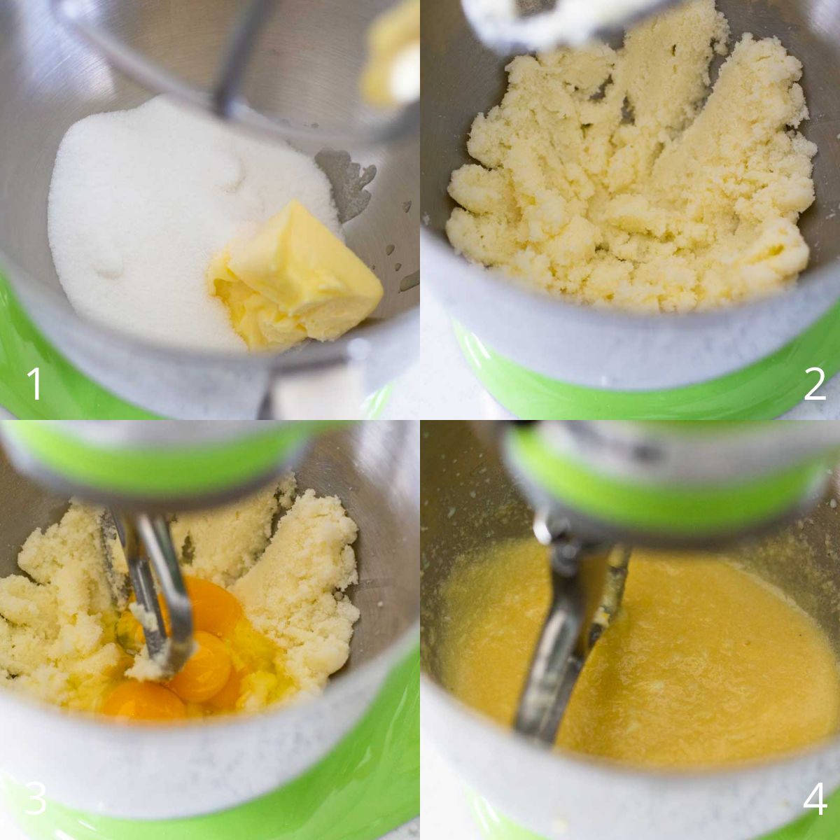 Step by step photos show how to cream the butter and add the eggs.