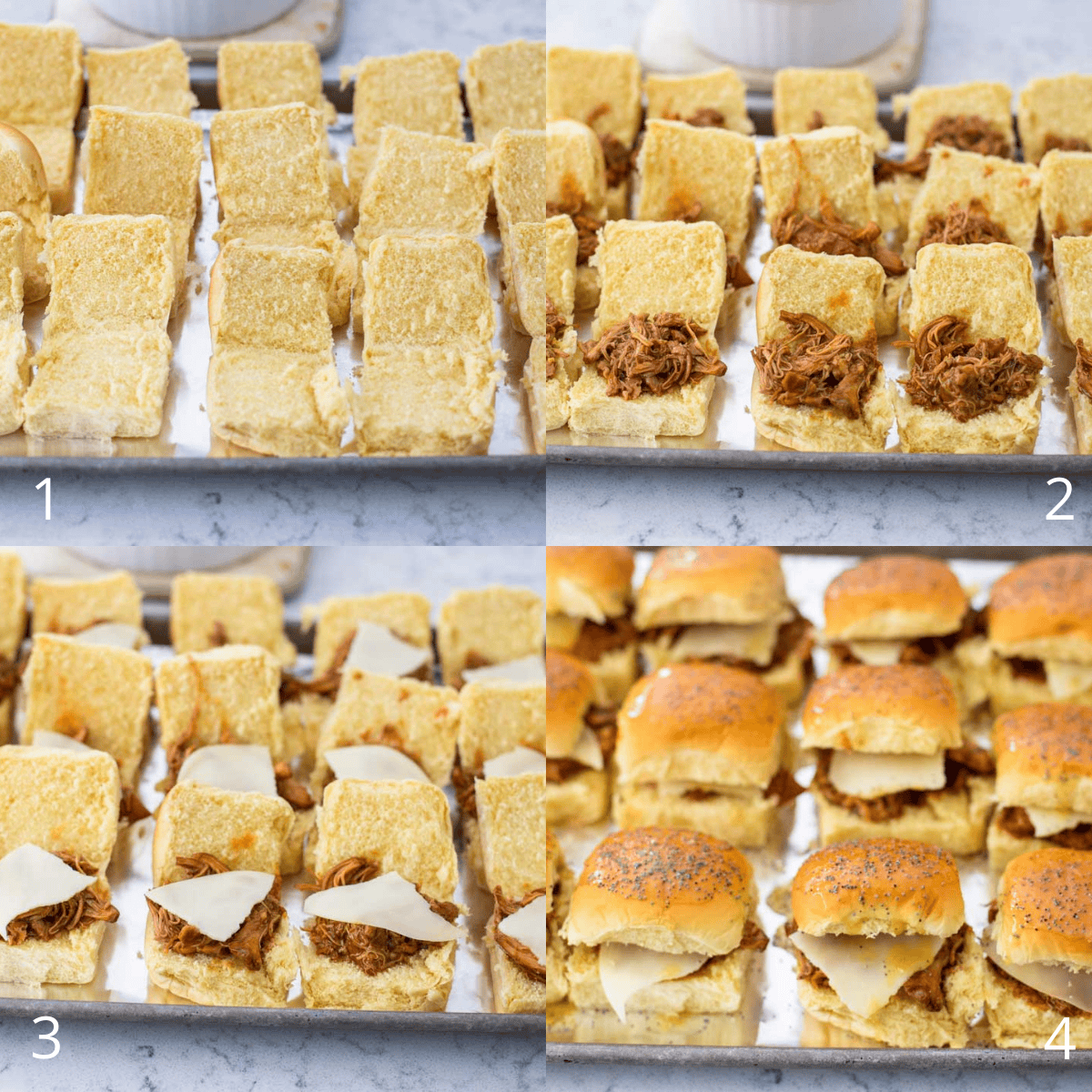 Step by step photos show how to assemble the BBQ chicken sliders.