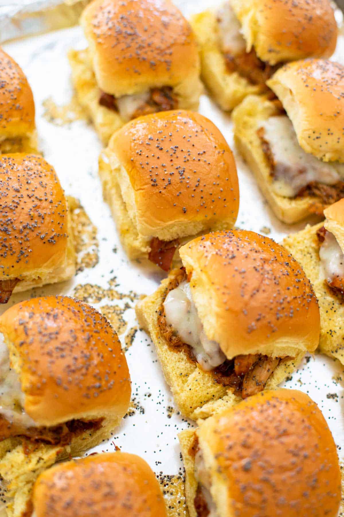 The baking pan of chicken sliders.
