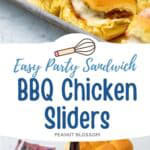 The rows of chicken sliders on a baking pan next to a photo of the ingredients needed to make them.