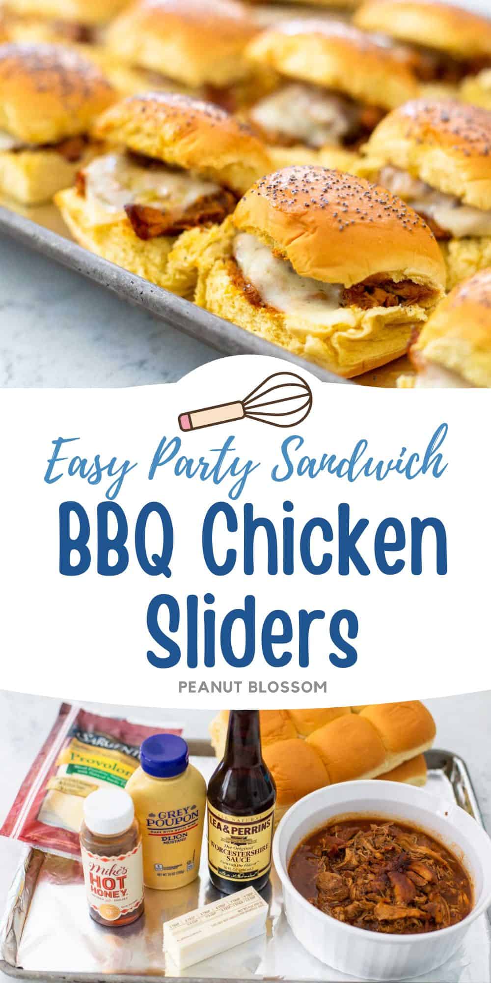 The rows of chicken sliders on a baking pan next to a photo of the ingredients needed to make them.