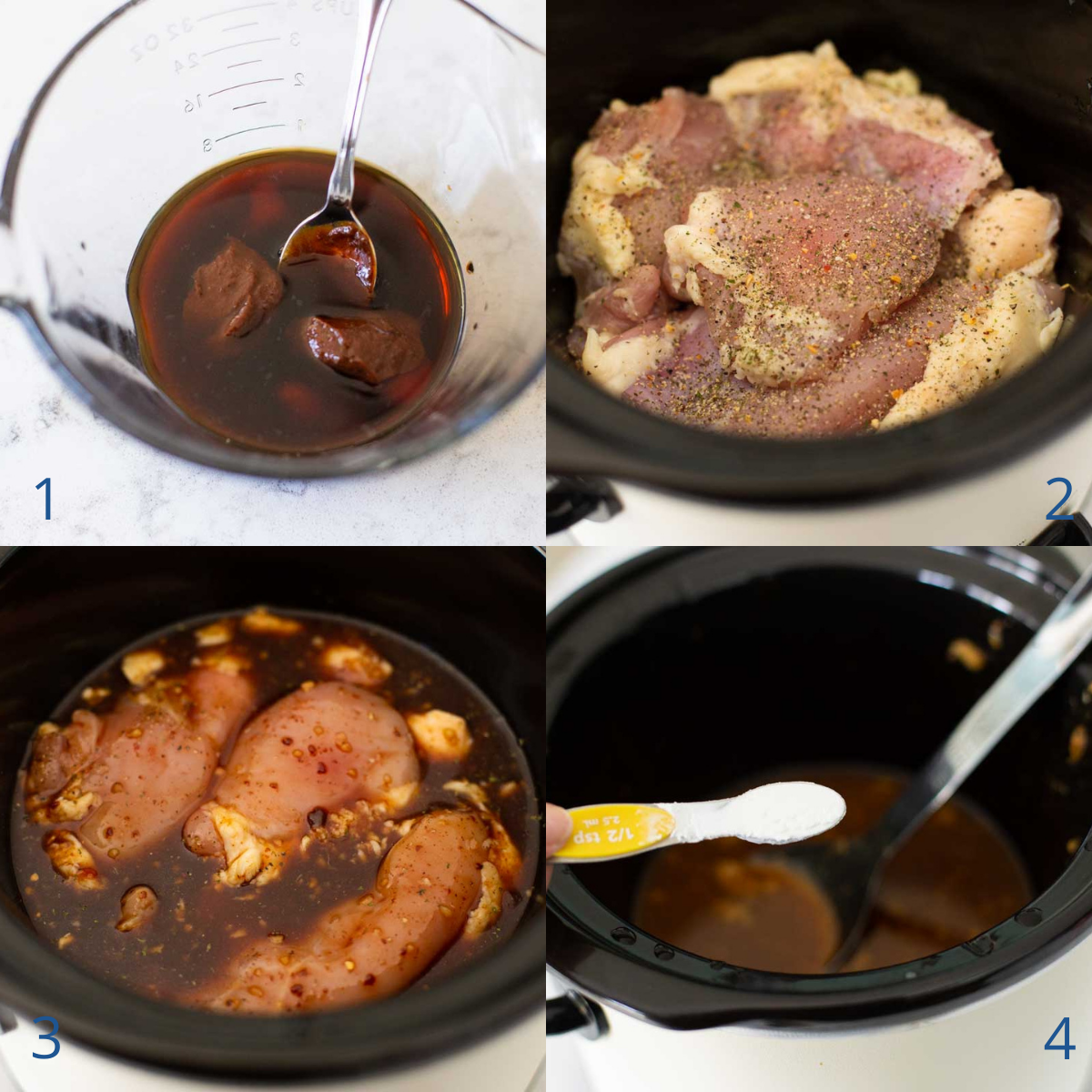 Step by Step photo collage shows how to layer the chicken in the slowcooker.