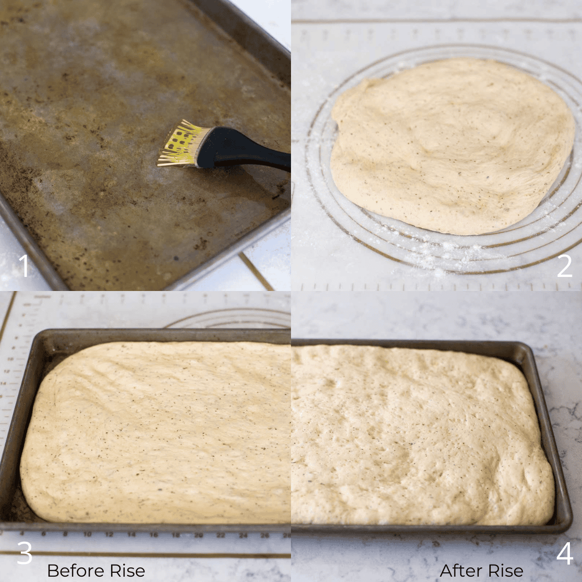 The step by step photos show how to pat out the focaccia dough and place it in the baking pan for the rise.