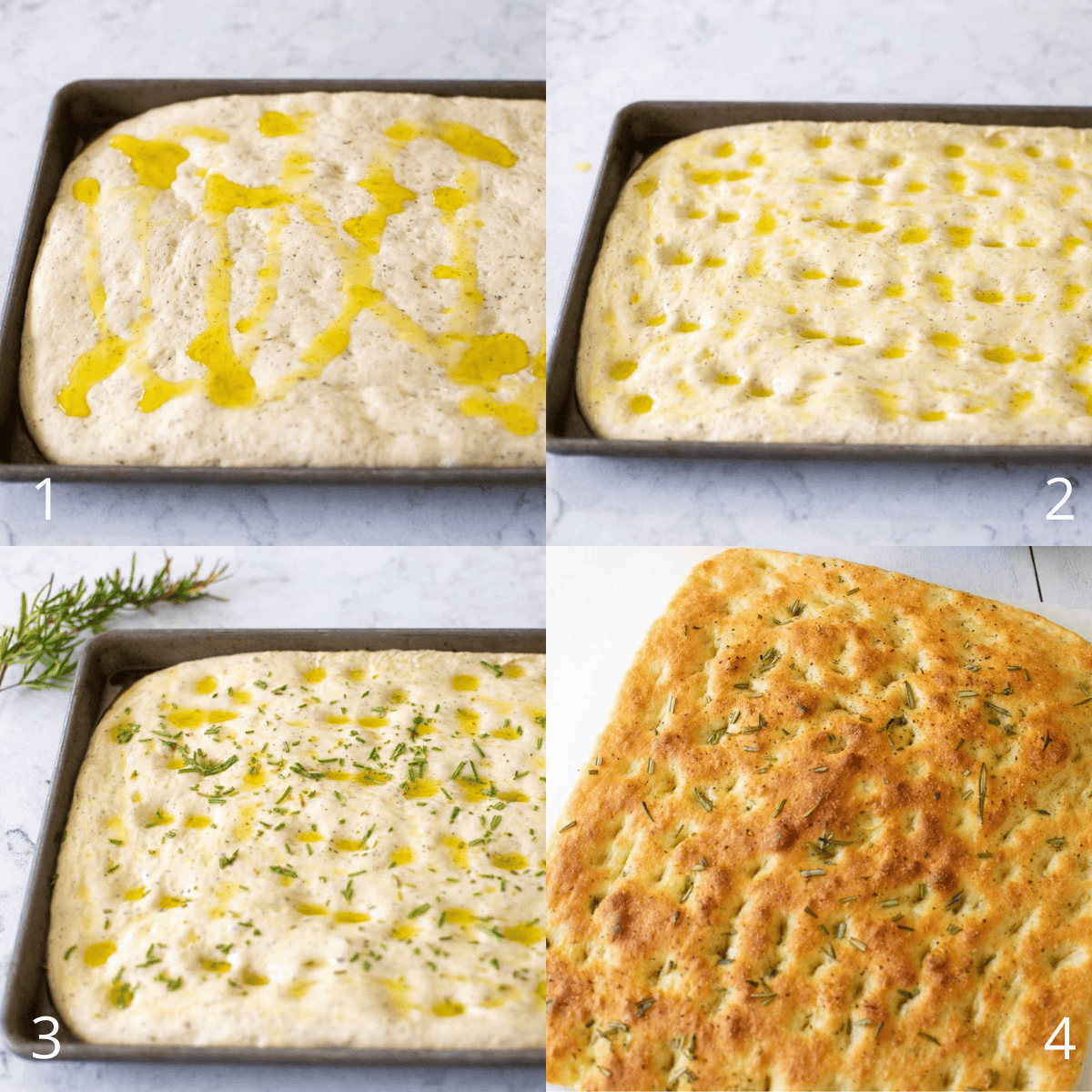 Step by step photos show how to spread the olive oil over the risen focaccia, press indents over the surface, sprinkle with herbs, and bake.