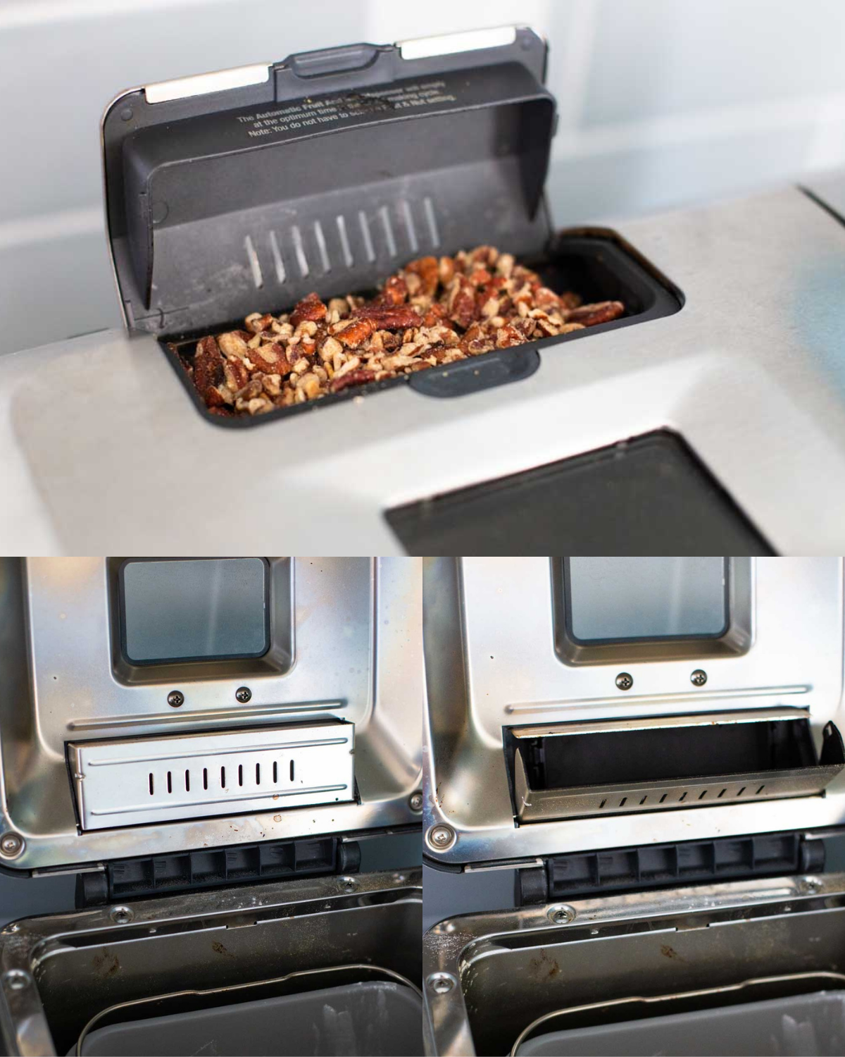 A photo collage shows the nut dispenser on the Breville bread maker. Photo at top shows chopped pecans filling the dispenser, the bottom two photos show the trap door opened and closed.