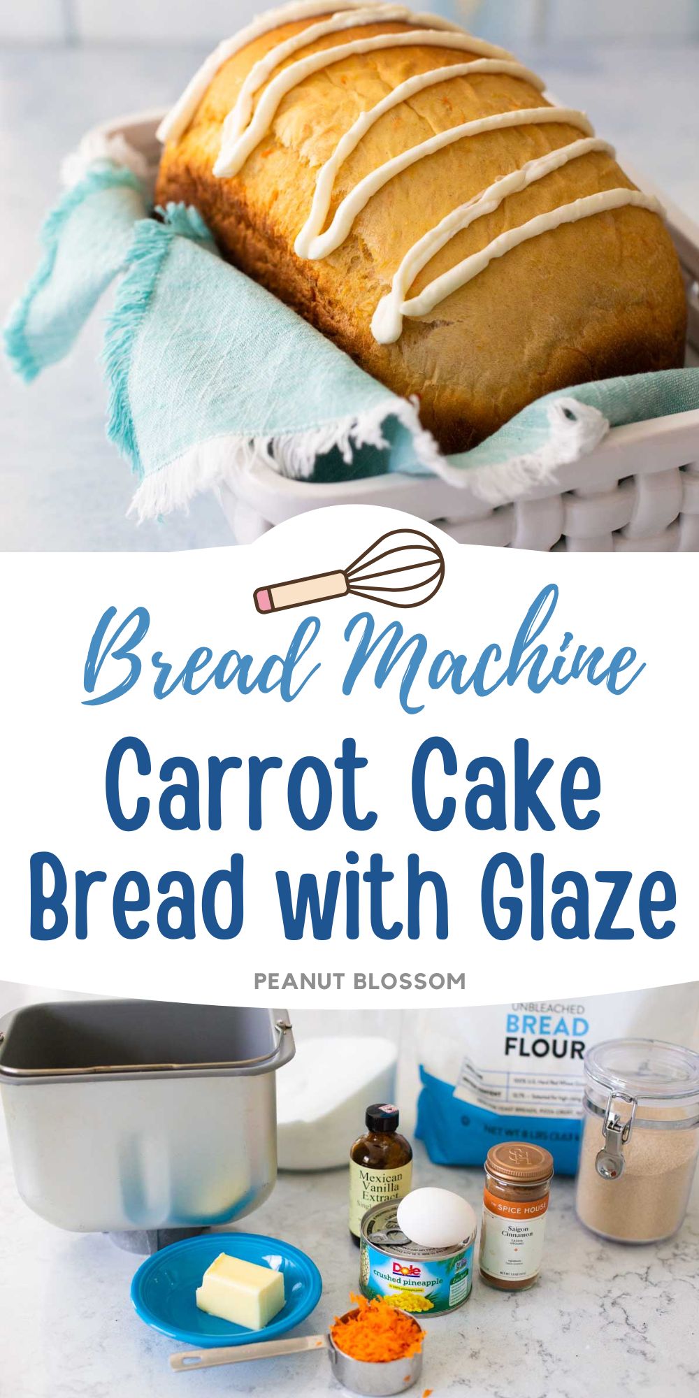 The glazed bread is served in a bread basket, the second photo shows the ingredients needed to make it.