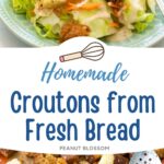 Croutons on top of a garden salad, the second photo is the croutons on the baking sheet with a spoon for tossing.