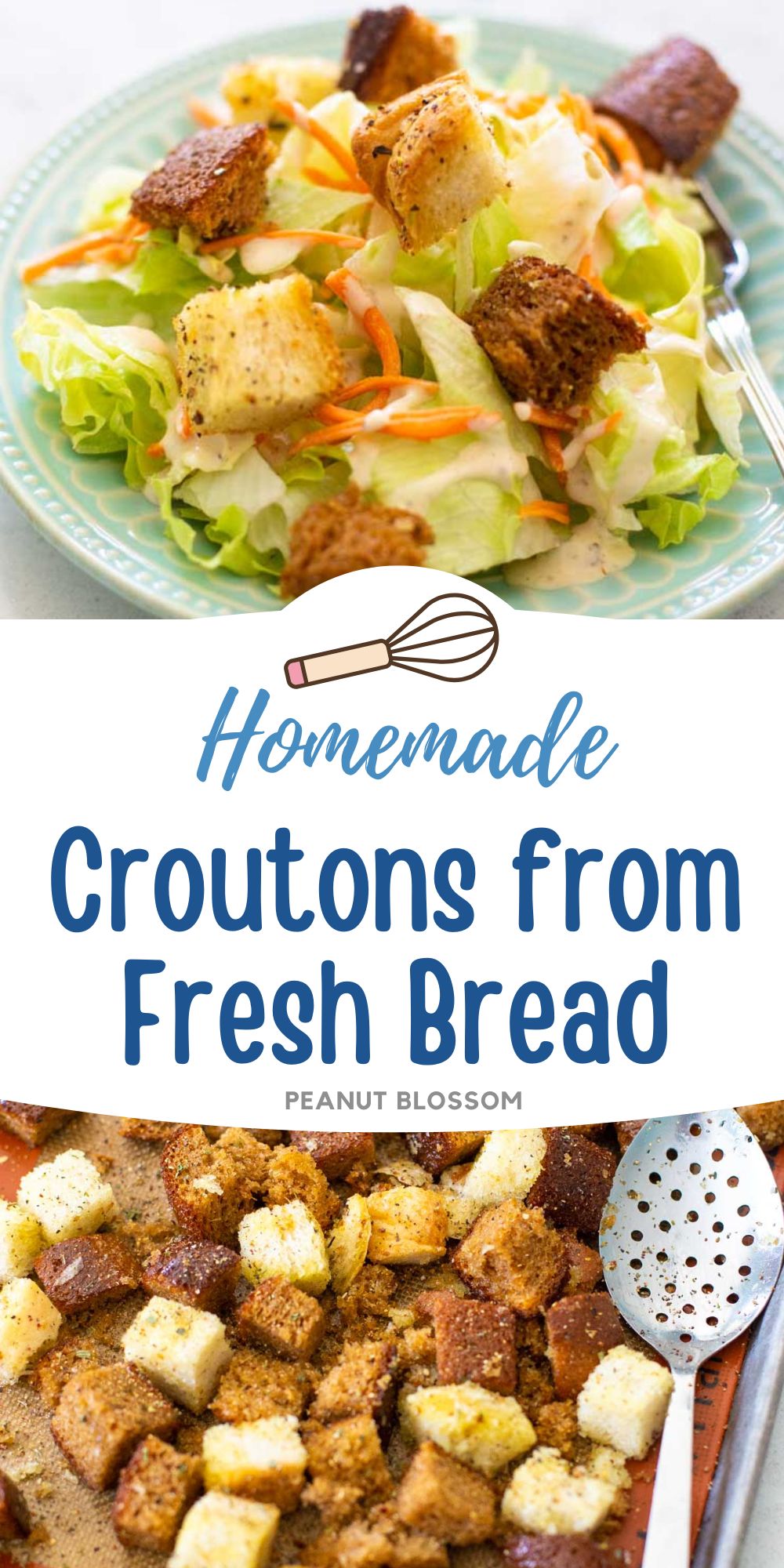 Croutons on top of a garden salad, the second photo is the croutons on the baking sheet with a spoon for tossing.