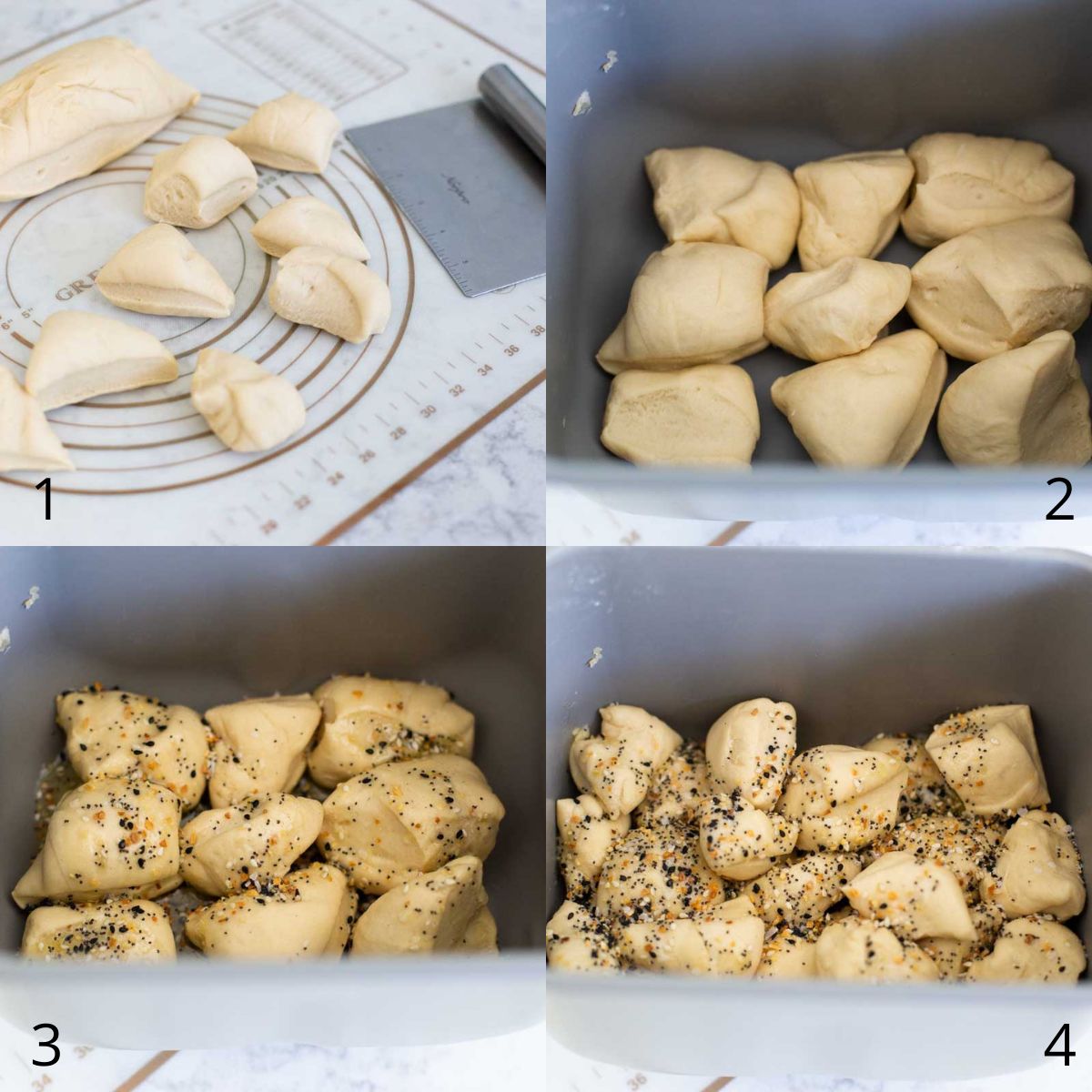Step by step photos show how to assemble the dough into the bread machine pan for the everything bagel bread.