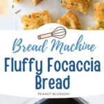 The focaccia squares are ready to be served, the second photo shows the dough in the bread machine pan.