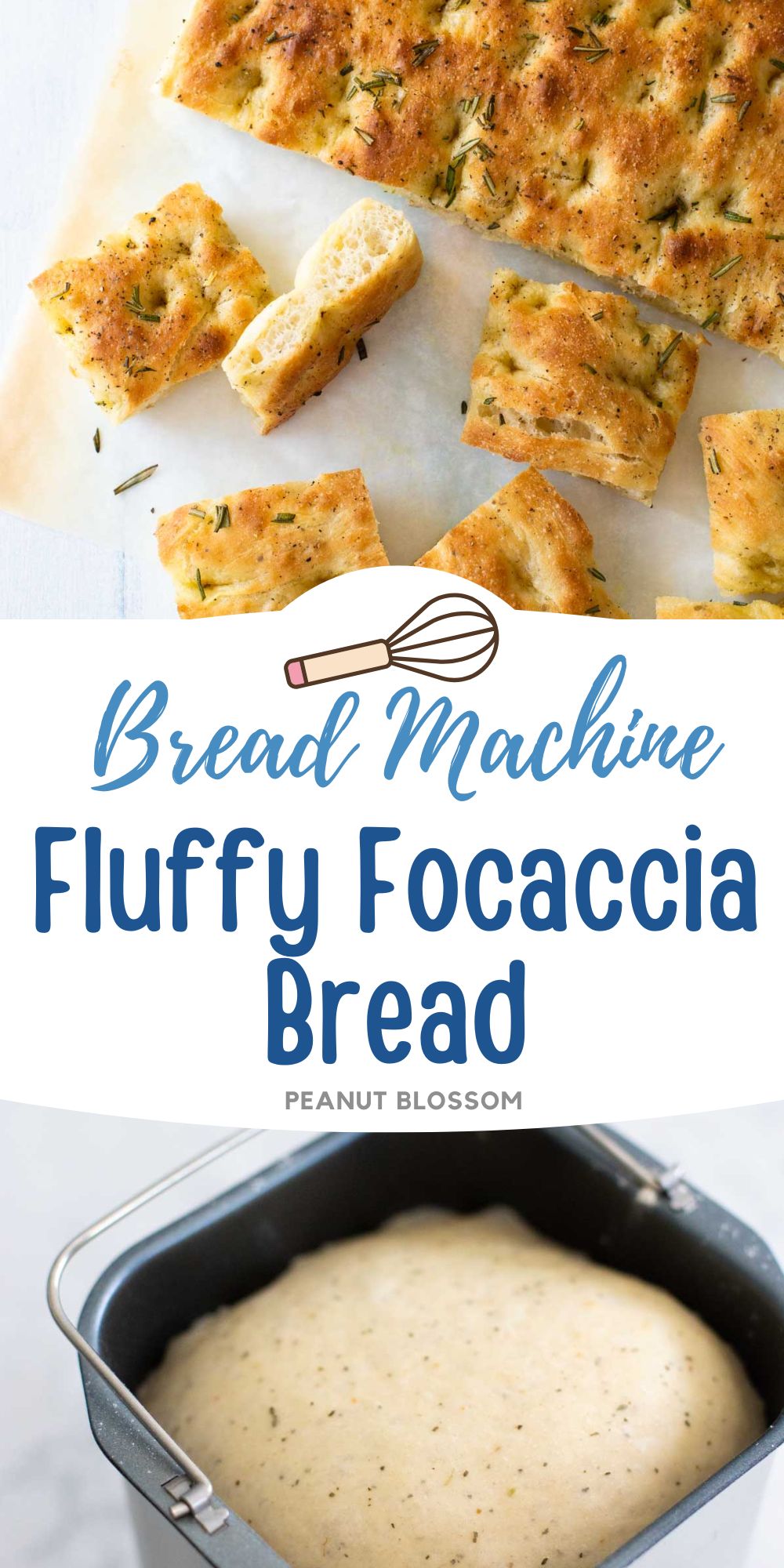 The focaccia squares are ready to be served, the second photo shows the dough in the bread machine pan.