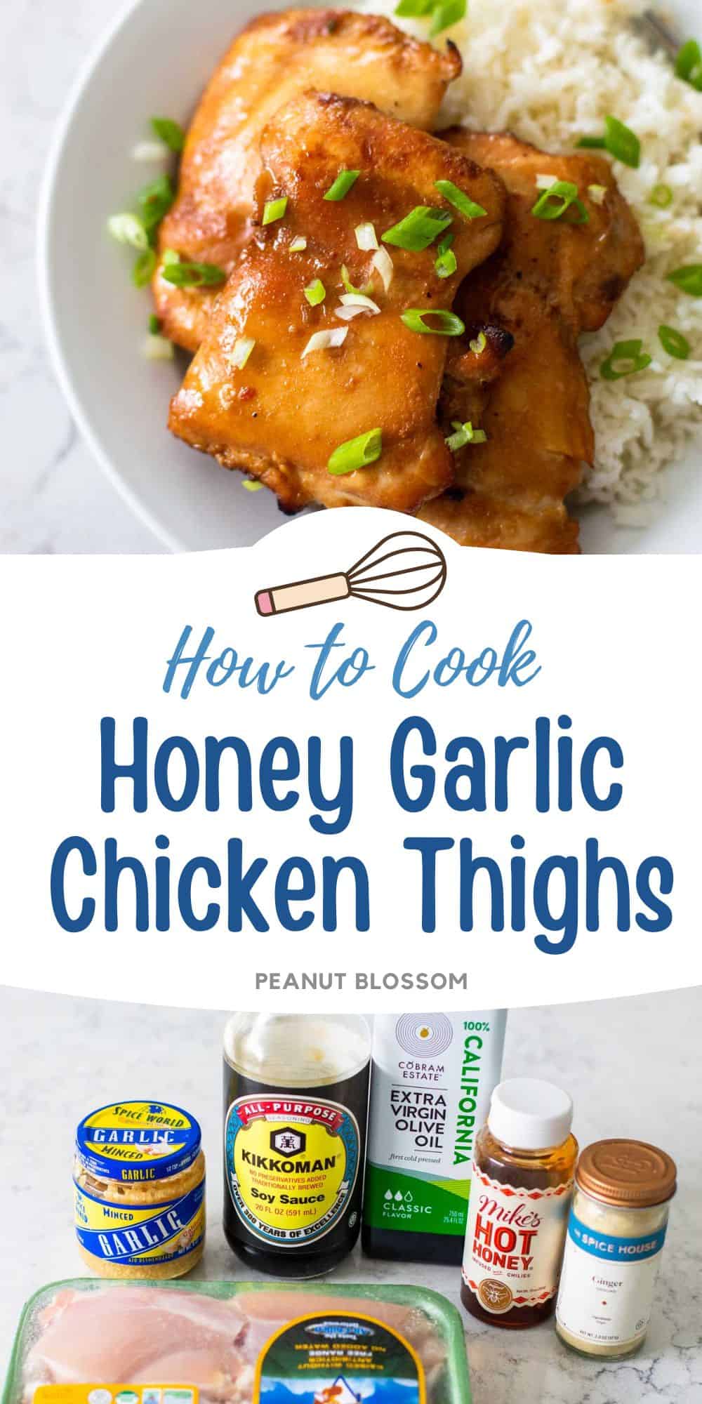 The chicken thighs are on a plate with a side of rice and sprinkled with green onions.