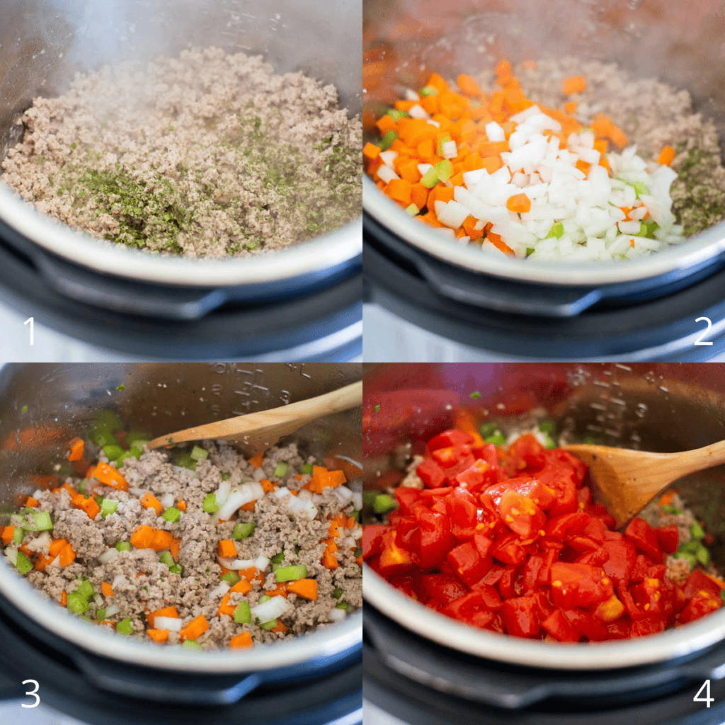 Step by step photos show how to assemble the ground turkey soup inside the Instant Pot.