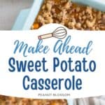 The photo collage shows the potato casserole being wrapped in foil for the freezer next to a spoon scooping a serving out of the final baked dish.