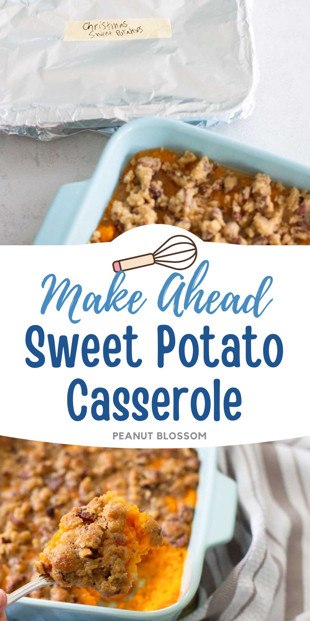 The photo collage shows the potato casserole being wrapped in foil for the freezer next to a spoon scooping a serving out of the final baked dish.