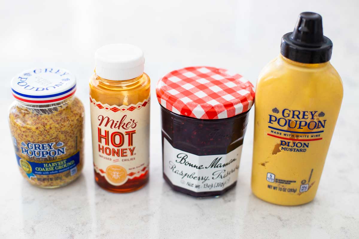 The 4 easy ingredients to make the raspberry mustard.