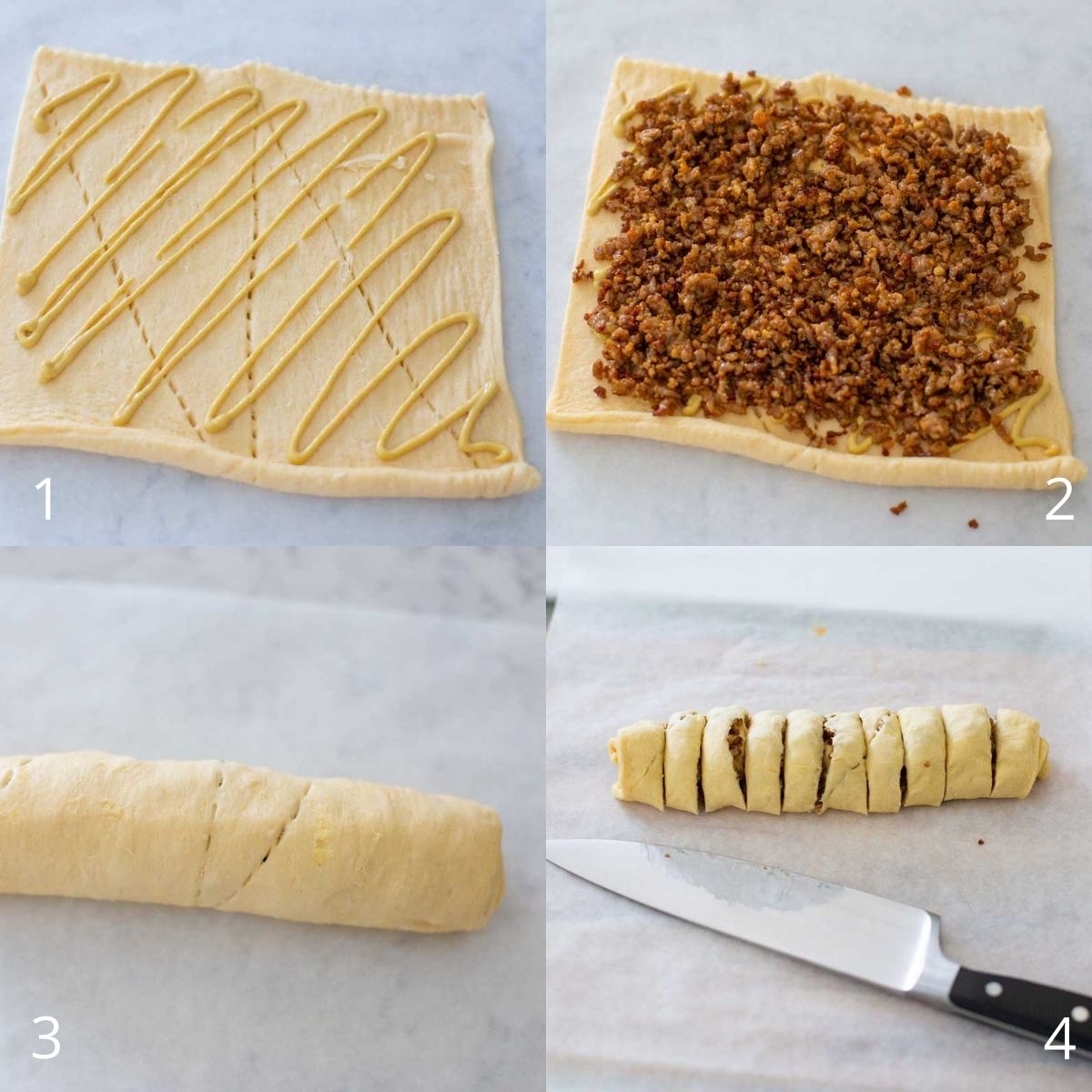 Step by step photos show how to assemble the sausage swirls.