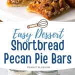 The sliced pecan squares on a platter next to a photo of the ingredients needed to make them.