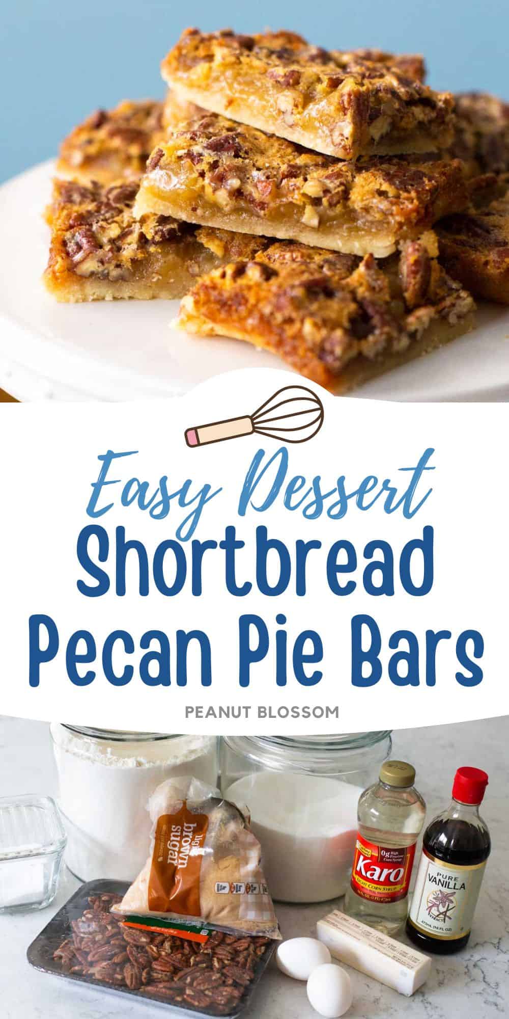 The sliced pecan squares on a platter next to a photo of the ingredients needed to make them.
