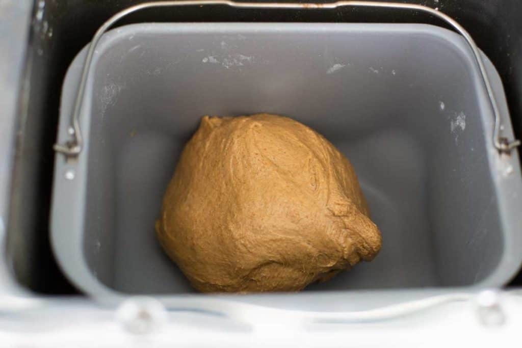 The ball of dough for the steakhouse brown bread is in the bread machine pan ready for the first rise.