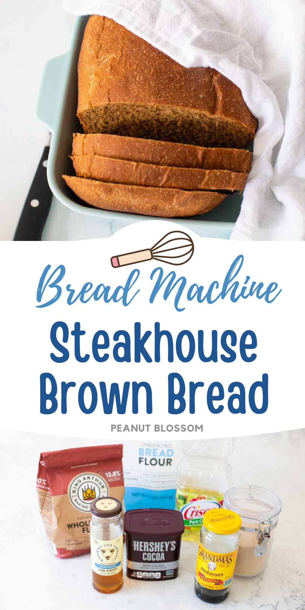 The brown bread has been sliced and served in a dish. The second photo shows the ingredients needed to make it.