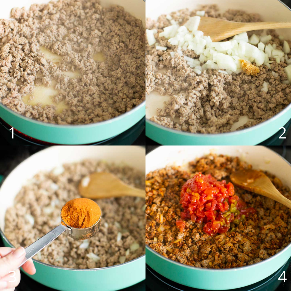 Step by step photos show how to brown the ground turkey and season it for the pasta skillet.
